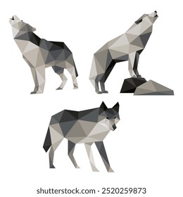 Howling Wolf in Polygonal triangle Illustration Vector Set. Wolf Animal Abstract Low Poly Vector. Good for kids animal book