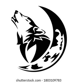 howling wolf profile head and crescent moon black and white vector outline