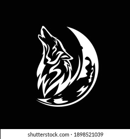 howling wolf profile head and crescent moon white vector outline against black background
