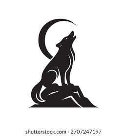 Silhueta de Lobo Howling com Lua Crescente - Ilustração Minimalista da Vida Selvagem Negra em Terreno Rochoso