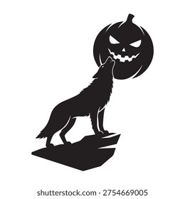 Howling Wolf Silhouette with Halloween Jack O' Lantern - Spooky Predator on Rock Vector Illustration for Autumn Decor