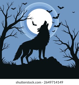 Howling wolf silhouette illustration on stone in a spooky full moon night.