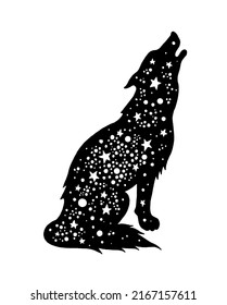 La silueta de lobo. Icono vectorial de aullido nimal. Coyote místico de halloween. Ganadería de la luna llena. Esbozo mágico del espíritu boho. Sorprendente sombra negra espiritual aullando lobo. Gráficos de animales salvajes