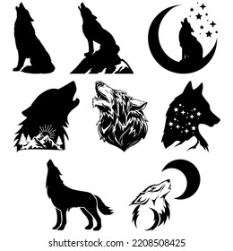 Howling Wolf Silhouette Set, Wolf Vector Bundle