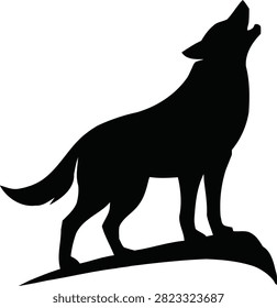 Howling wolf silhouette standing on a rock with silhouette wilderness predator moonlight isolated