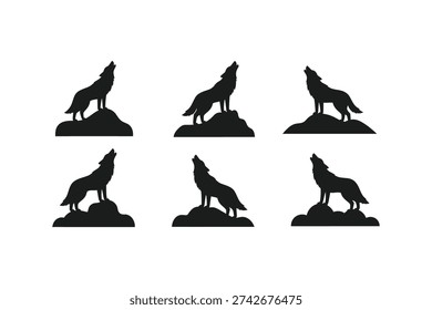 Howling Wolf Silhouette Vector Collection On Mountain Peaks