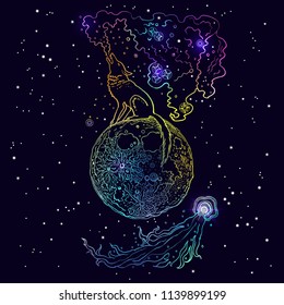 Howling wolf sitting on the moon exhales new galaxy. Flying comet, cosmos, dark blue background with stars. Hand drawn vector illustration. Line art, holographic, fantasy design, space concept.