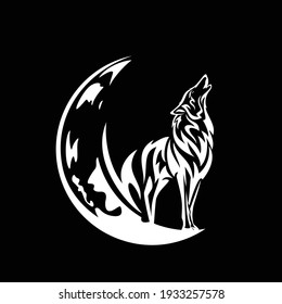 howling wolf spirit standing on crescent moon white vector outline against black night sky background