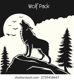 A howling wolf stands prominently against a moonlit backdrop with silhouetted trees