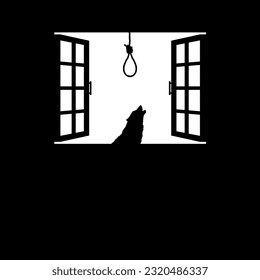 Howling Wolf and Suicide Rope or Gallows on the Windows. Dramatic, Creepy, Horror, Scary, Mystery, or Spooky Illustration. Illustration for Horror Movie of Film or Halloween Poster Element. Vector 