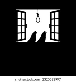 Lobo y Suicidio o Rope en las ventanas. Ilustración dramática, espeluznante, horrorosa, temerosa, misteriosa o espeluznante. Ilustración para la película de terror o elemento de afiche de Halloween. Vector 