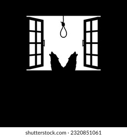 Lobo y Suicidio o Rope en las ventanas. Ilustración dramática, espeluznante, horrorosa, temerosa, misteriosa o espeluznante. Ilustración para la película de terror o elemento de afiche de Halloween. Vector 