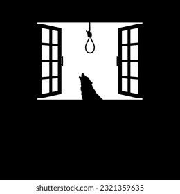 Howling Wolf and Suicide Rope or Gallows on the Windows. Dramatic, Creepy, Horror, Scary, Mystery, or Spooky Illustration. Illustration for Horror Movie of Film or Halloween Poster Element. Vector 