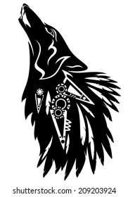 Howling wolf with traditional north american indian feather decoration black and white vector tribal design