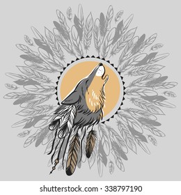 Howling wolf's head. Hand drawn vector illustration. May be used as tattoo sketch or t-shirt print