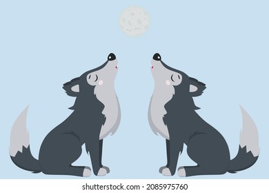 Howling wolves isolated on the moon. Gray shaggy dog. Hand drawn vector illustration