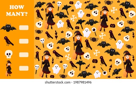 Howmany puzzle or riddle for kids for halloween with witch character holding broom, ghosts and bats, spooky elements
