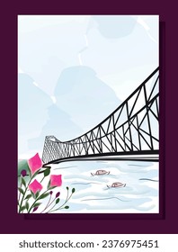 Howrah bridge greeting card vector design with watercolor illustration in vector