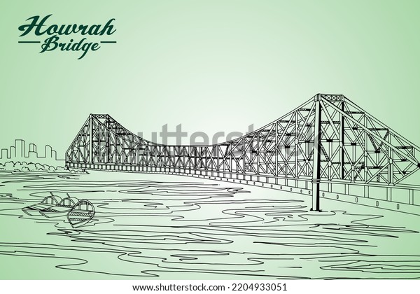 Howrah bridge - The historic cantilever bridge on the\
river Hooghly with a twilight sky. illustration of the British-era\
Howrah Bridge across Hooghly River. Heritage colonial architecture\
and famous h