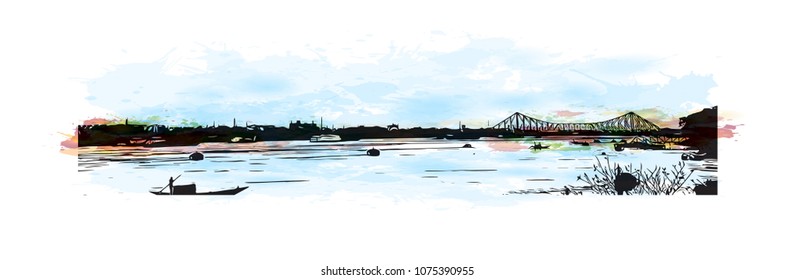 Howrah Bridge of Kolkata, City in West Bengal. Watercolour splash with hand drawn sketch illustration in vector.