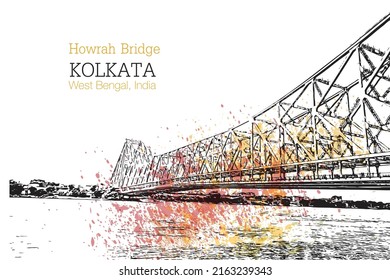 Howrah Bridge of Kolkata, City in West Bengal. Watercolour splash with hand drawn sketch illustration in vector.