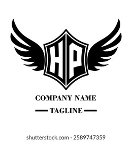 HP A bold winged shield emblem with customizable initials A-Z. Sleek black-and-white vector, perfect for branding, sports teams, motorcycle clubs, gaming,apparel and High-quality
