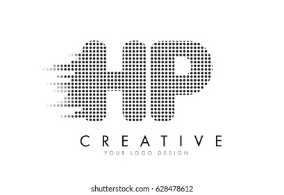 HP H P Letter Logo Design with Black Dots and Bubble Trails.