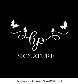 HP handwritten initial letter, HP simple signature vector logo with butterfly shape variation, beauty, photography letter logo design. H P