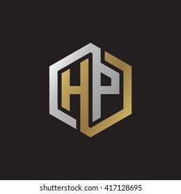 HP initial letters looping linked hexagon elegant logo golden silver black background