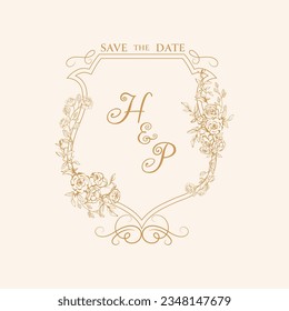 HP Initial Wedding Crest Logo Monogram. Save the Date Design with Roses and Peonies, Floral Wedding Crest Design.