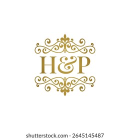 HP initials logo ornament gold. Letter HP wedding ampersand or business partner symbol