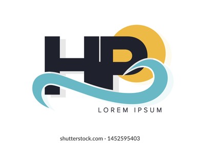 HP letter logo with ocean waves and sunset. Beach concept design