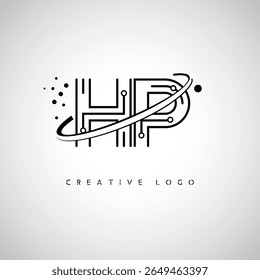 Logotipo do Monograma da Órbita HP - Marca de Letra Mínima Futurista com Linha de Arte Circular, Pontos Inspirados na Tecnologia e Conceito de Movimento Espacial para Identidade de Marca Moderna