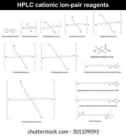 HPLC cationic ion pair reagents - structural molecular chemical formulas, 2d vector, eps 8