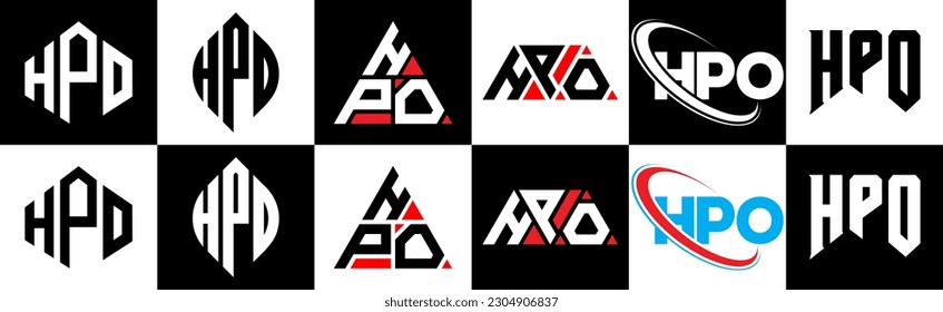 HPO letter logo design in six style. HPO polygon, circle, triangle, hexagon, flat and simple style with black and white color variation letter logo set in one artboard. HPO minimalist and classic logo