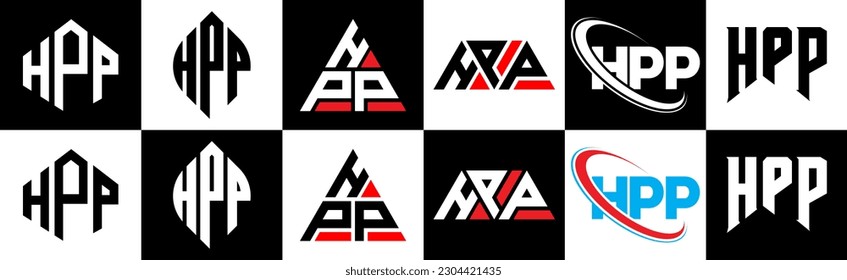 HPP Brief Logo Design in sechs Stil. HPP Polygon, Kreis, Dreieck, Hexagon, flacher und einfacher Stil mit schwarz-weißem Farbänderungslogo in einem Zeichenbrett. HPP minimalistisches und klassisches Logo