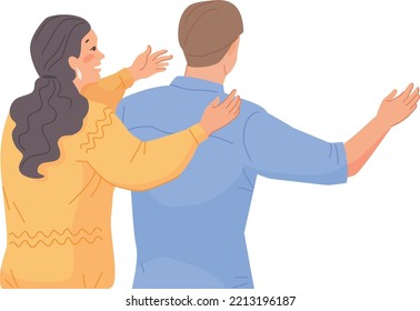 Hppy parents. Man and woman with open arms back view isolated on white background