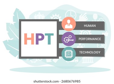 HPT, acrónimo de Tecnología de Rendimiento Humano. Concepto con Palabra clave, personas e íconos. Ilustración vectorial plana. Aislado en blanco.