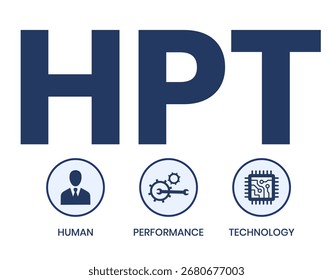 HPT, acrónimo de Tecnología de Rendimiento Humano. Concepto con Palabra clave, personas e íconos. Ilustración vectorial plana. Aislado en blanco.