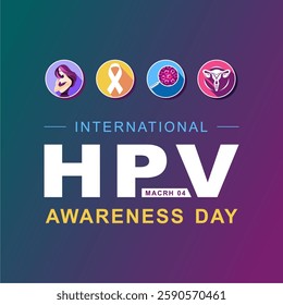 HPV Awareness Day event banner. With
a woman, ribbon, HPV virus and ovary on
purple background to commemorate
March 4. Best for posters, banners,
cards and social media posts.