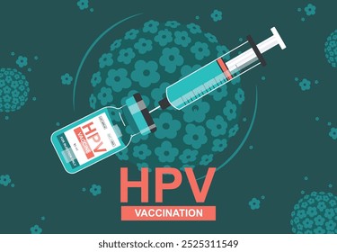 Ilustração da vacina contra o HPV - papilomavírus humano com uma seringa e papilomavírus ao fundo