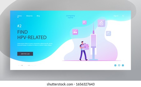 Hpv, Human Papillomavirus Infection Prevention and Vacciantion Website Landing Page. Man Carry Medical Box with Instruments and Tools at Huge Syringe Web Page Banner. Cartoon Flat Vector Illustration