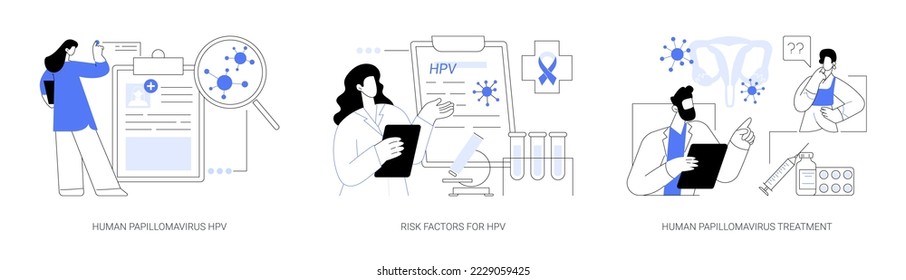 Abstraktes Konzept für HPV-Infektionen, Vektorgrafik-Set. Humanes Papillomavirus, Risikofaktor für die HPV-Therapie und medikamentöse Behandlung, frühzeitige Diagnose von Gebärmutterhalskrebs, abstrakte Immunantwort.