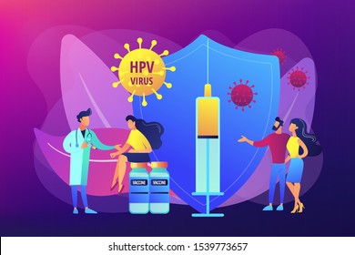 HPV infection medication. Virus prevention. HPV vaccination, protecting against cervical cancer, human papillomavirus vaccination program concept. Bright vibrant violet vector isolated illustration