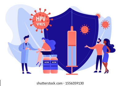 HPV infection medication. Virus prevention. HPV vaccination, protecting against cervical cancer, human papillomavirus vaccination program concept. Pinkish coral bluevector vector isolated illustration