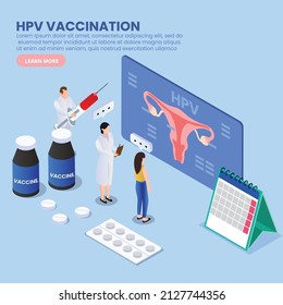 Vacunación por VPH concepto vectorial isométrico 3d para banner, sitio web, ilustración, página de aterrizaje, volante, etc.
