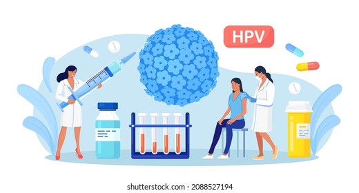 HPV vaccination for reduce virus infection risk or oncology. Human papillomavirus. HPV infection medication. Doctor vaccinate against cervical cancer. Scientist analyzing infected cells. Vector design