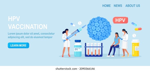 HPV vaccination for reduce virus infection risk or oncology. Human papillomavirus. HPV infection medication. Doctor vaccinate against cervical cancer. Scientist analyzing infected cells. Vector design