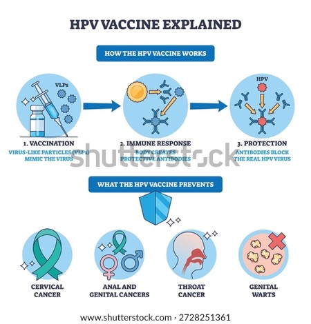 HPV vaccine explained, step-by-step of immunization, immune response, and protection, syringe, antibodies, virus icons show prevention of cancers and warts. Outline diagram