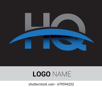 HQ initial logo company name colored grey and blue swoosh design.